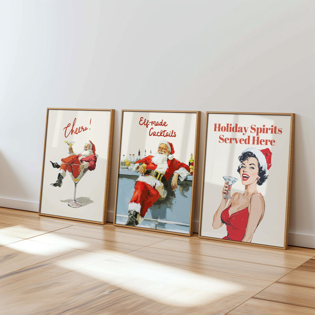 Retro Christmas Bar Art Set of 6, Vintage Santa Cocktail Prints, Holiday Wall Decor, Festive Drink Posters, Xmas Bar Cart Bundle, DIGITAL