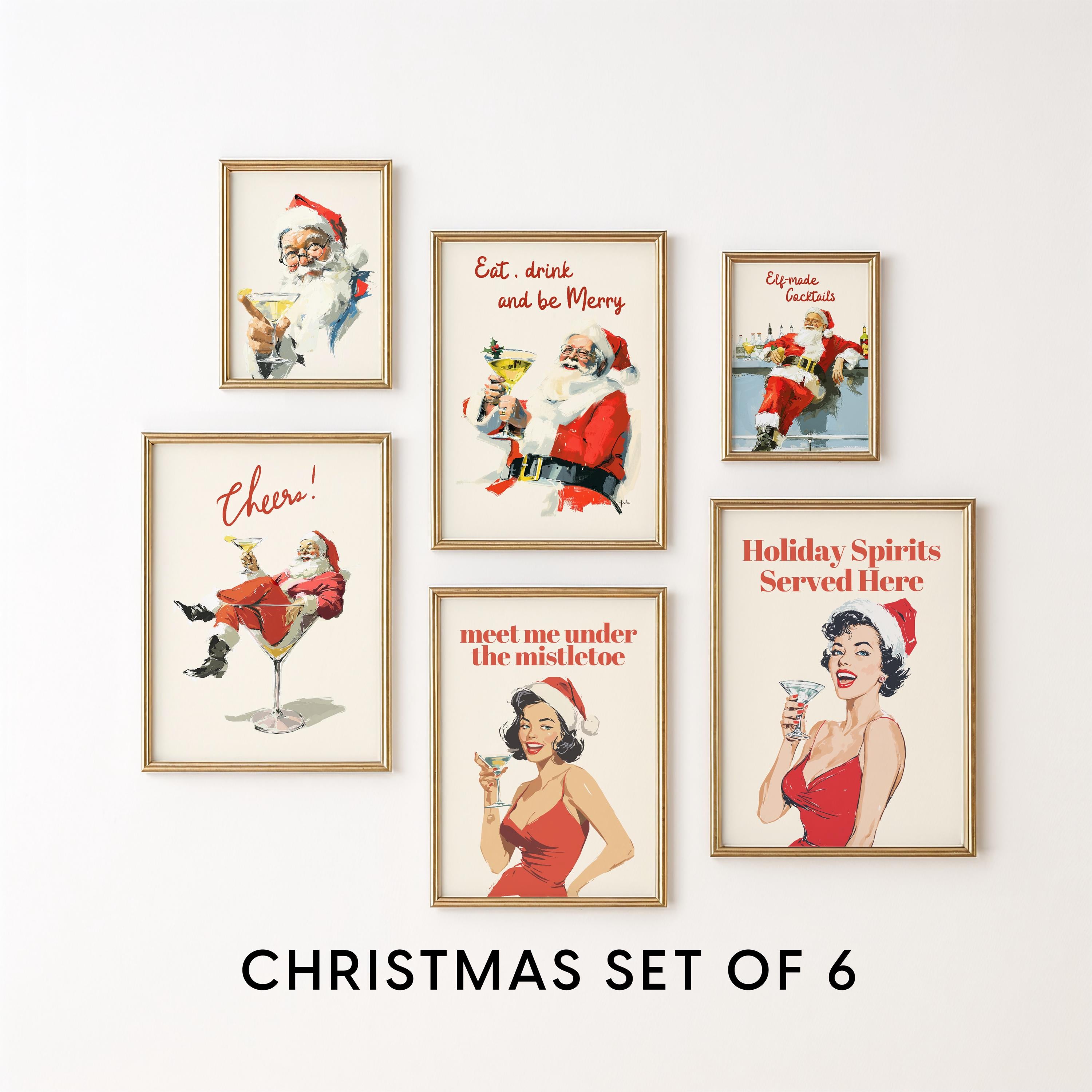 Retro Christmas Bar Art Set of 6, Vintage Santa Cocktail Prints, Holiday Wall Decor, Festive Drink Posters, Xmas Bar Cart Bundle, DIGITAL