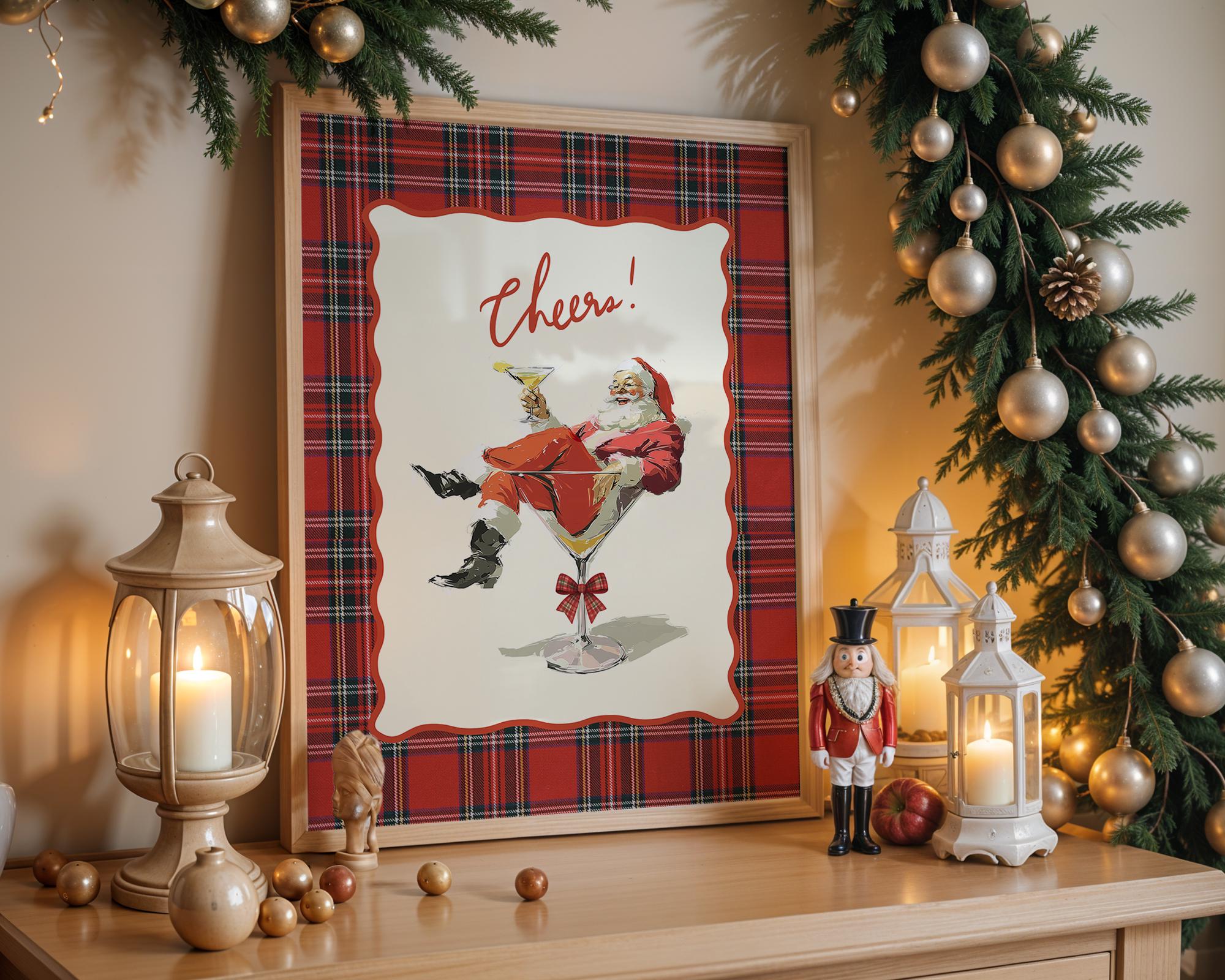 Cheers Santa Christmas Bar Cart Print, Vintage Plaid Cocktail Art, Retro Holiday Decor, Funny Martini Santa Poster Gift, DIGITAL DOWNLOAD