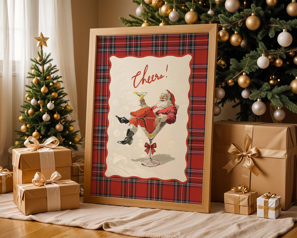 Cheers Santa Christmas Bar Cart Print, Vintage Plaid Cocktail Art, Retro Holiday Decor, Funny Martini Santa Poster Gift, DIGITAL DOWNLOAD