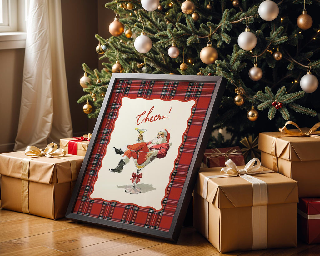 Cheers Santa Christmas Bar Cart Print, Vintage Plaid Cocktail Art, Retro Holiday Decor, Funny Martini Santa Poster Gift, DIGITAL DOWNLOAD