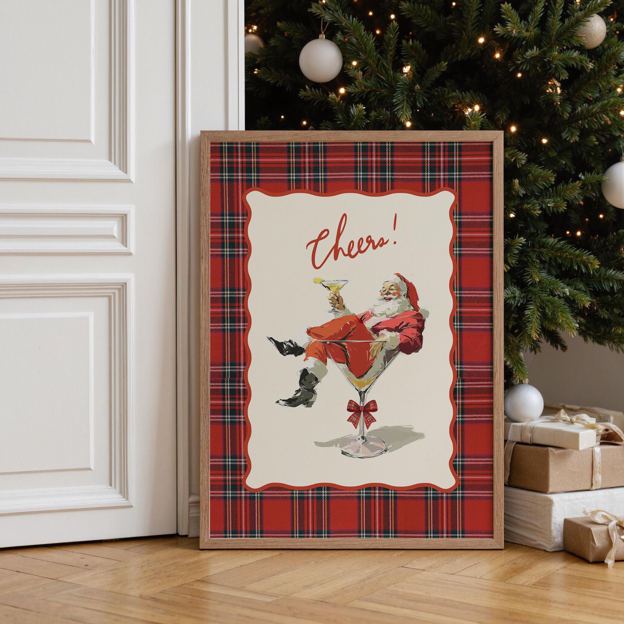 Cheers Santa Christmas Bar Cart Print, Vintage Plaid Cocktail Art, Retro Holiday Decor, Funny Martini Santa Poster Gift, DIGITAL DOWNLOAD