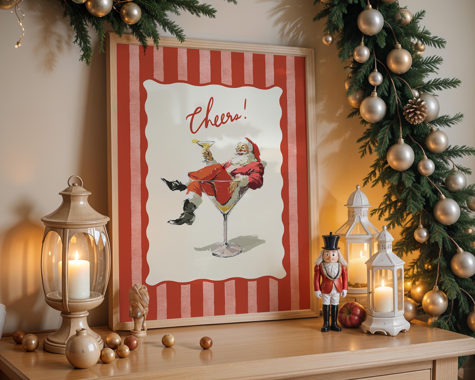 Cheers Santa Claus Poster, Retro Christmas Wall Art, Funny Vintage Holiday Print, Red Stripe Santa Martini Bar Cart Decor DIGITAL DOWNLOAD