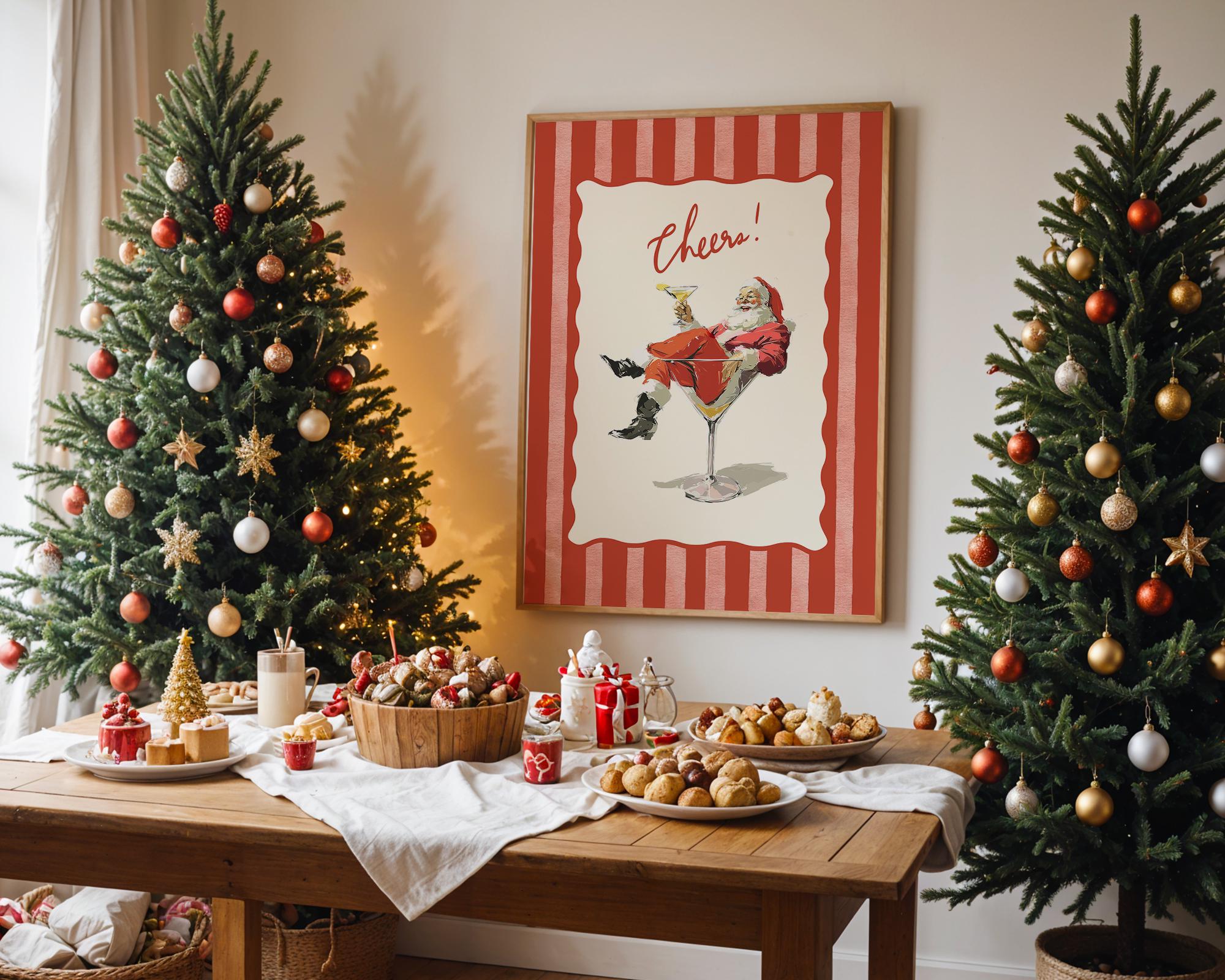 Cheers Santa Claus Poster, Retro Christmas Wall Art, Funny Vintage Holiday Print, Red Stripe Santa Martini Bar Cart Decor DIGITAL DOWNLOAD