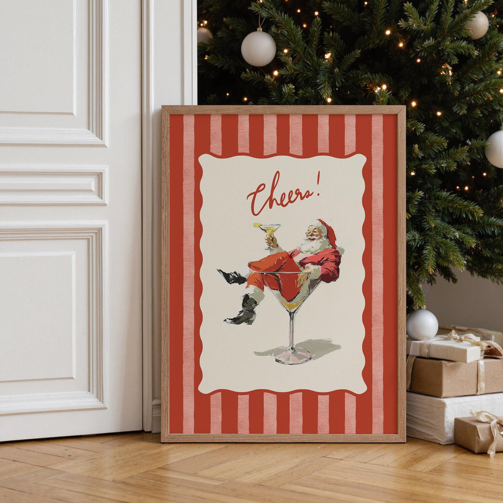 Cheers Santa Claus Poster, Retro Christmas Wall Art, Funny Vintage Holiday Print, Red Stripe Santa Martini Bar Cart Decor DIGITAL DOWNLOAD