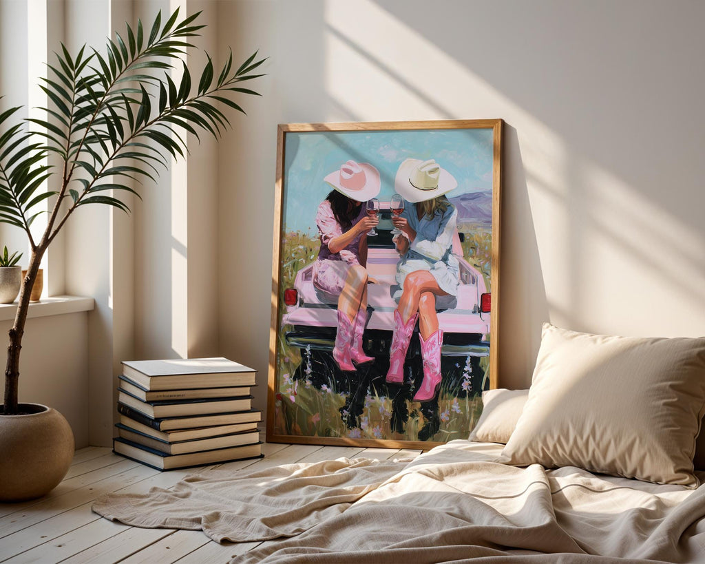 Western Cowgirl Art Print, Pink Cowboy Boots Wall Art, Country Girls Wine Truck Poster, Ranch Style Decor, Southern Wall Print, DIGITAL