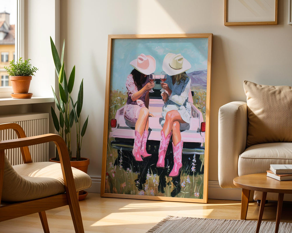 Western Cowgirl Art Print, Pink Cowboy Boots Wall Art, Country Girls Wine Truck Poster, Ranch Style Decor, Southern Wall Print, DIGITAL