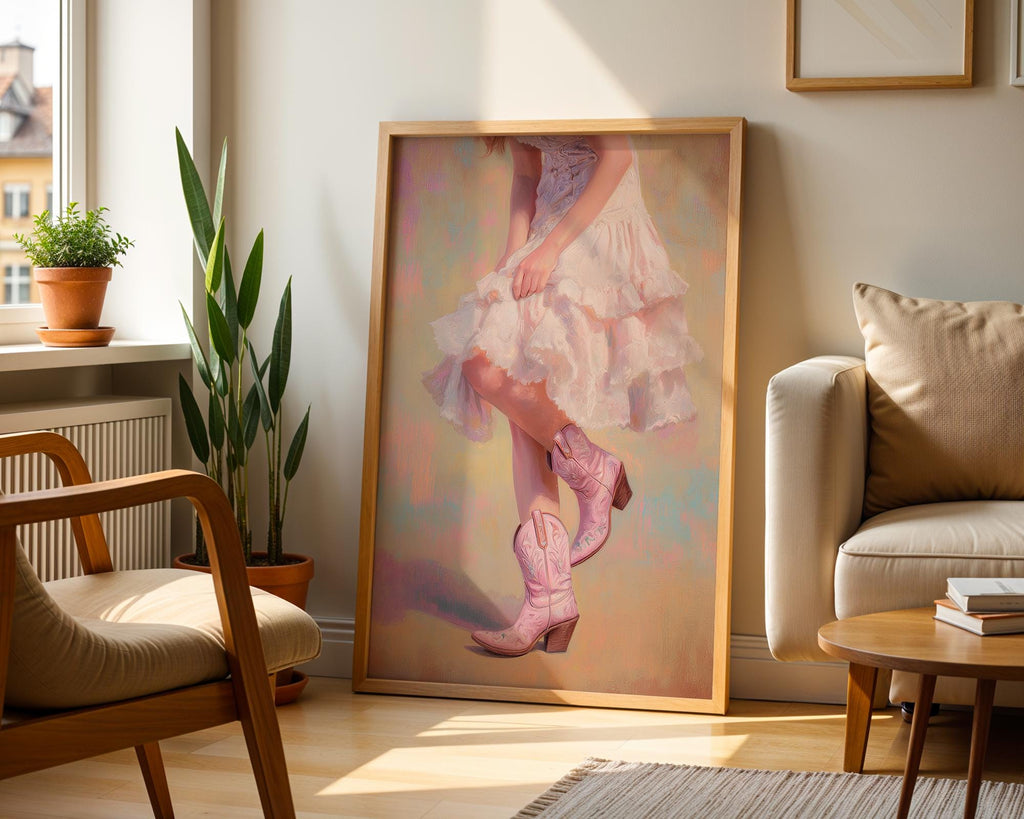 Pink Cowboy Boots Art Print, Western Cowgirl Wall Art, Country Dress Poster, Feminine Ranch Style Decor, Southern Aesthetic Print, DIGITAL