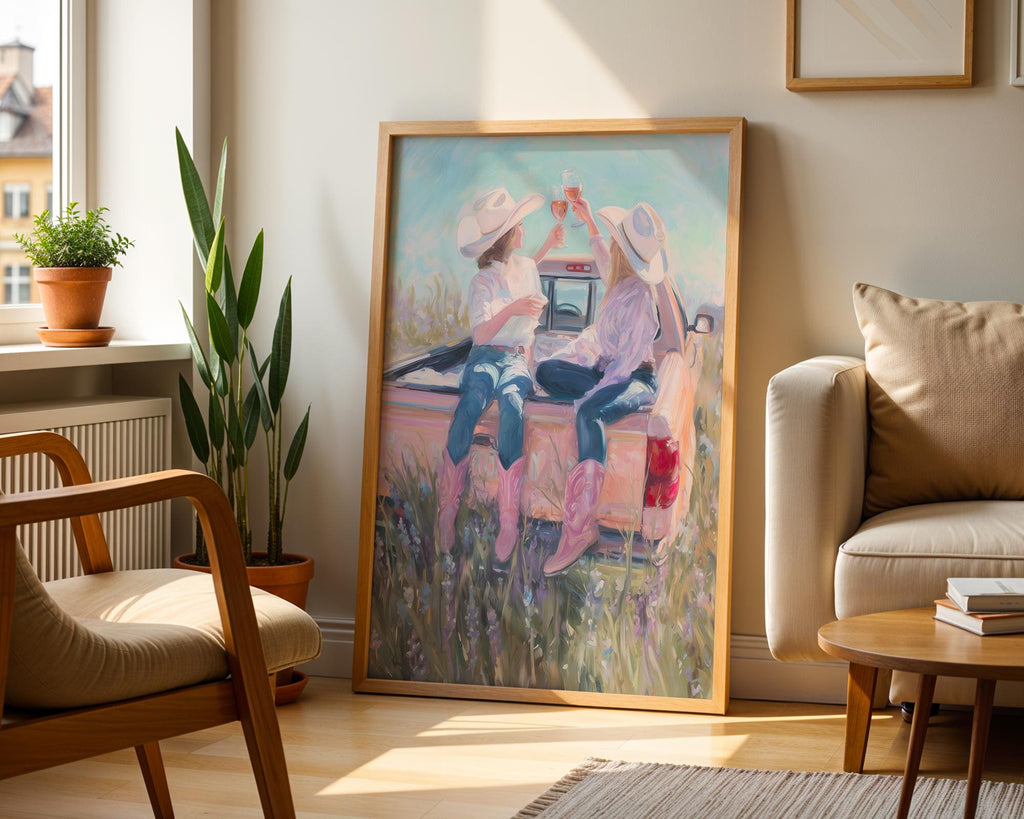 Cowgirl Wine Art Print, Western Country Girls Poster, Pink Cowboy Boots Wall Art, Ranch Truck Decor, Southern Friendship Print, DIGITAL