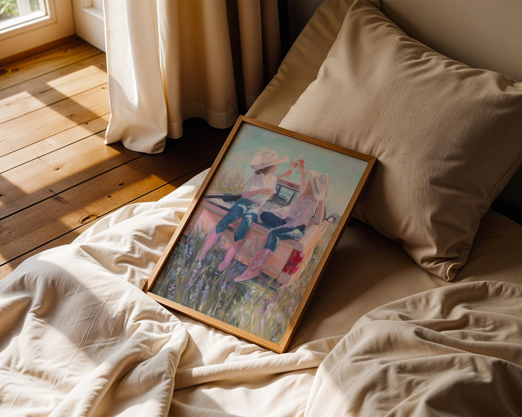 Cowgirl Wine Art Print, Western Country Girls Poster, Pink Cowboy Boots Wall Art, Ranch Truck Decor, Southern Friendship Print, DIGITAL