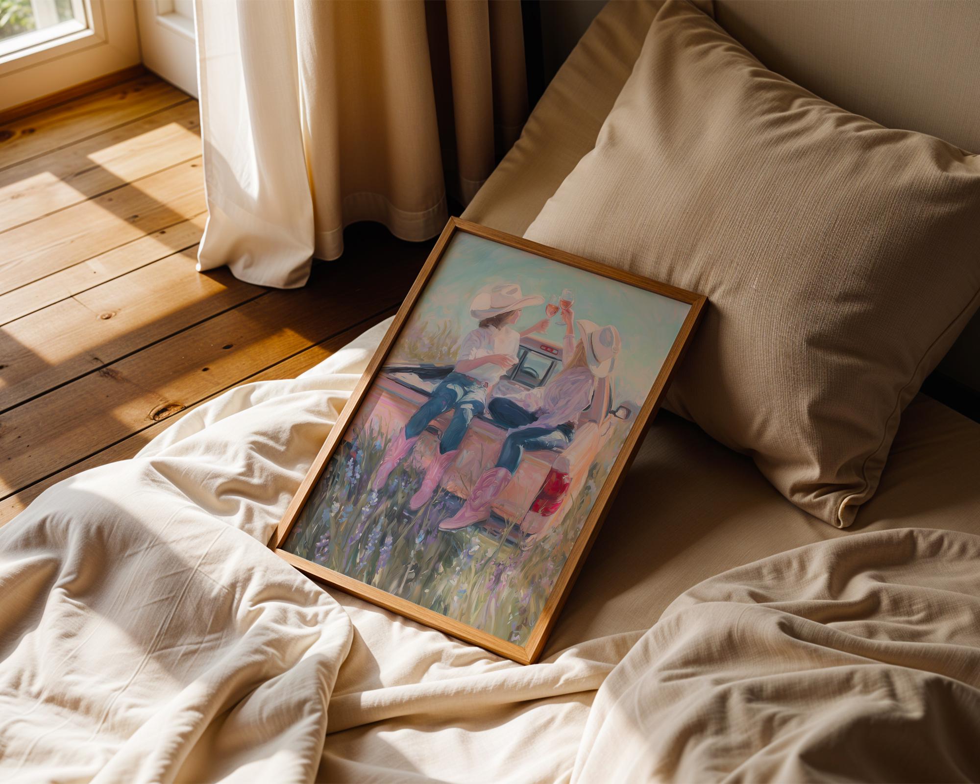 Cowgirl Wine Art Print, Western Country Girls Poster, Pink Cowboy Boots Wall Art, Ranch Truck Decor, Southern Friendship Print, DIGITAL