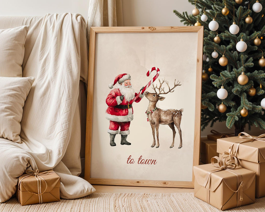 Set of 3 Christmas Prints Christmas Santa Claus with a Deer Print Xmas Printable Home Decor Christmas decorations Christmas Wall Art DIGITAL