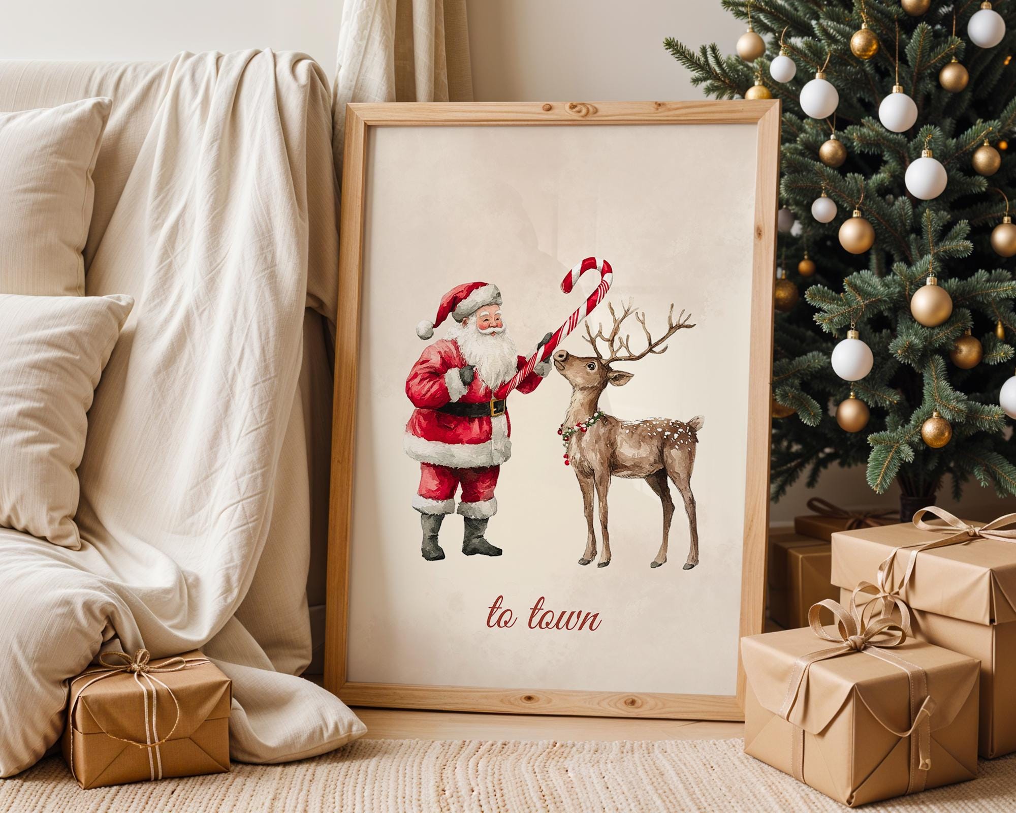 Set of 3 Christmas Prints Christmas Santa Claus with a Deer Print Xmas Printable Home Decor Christmas decorations Christmas Wall Art DIGITAL