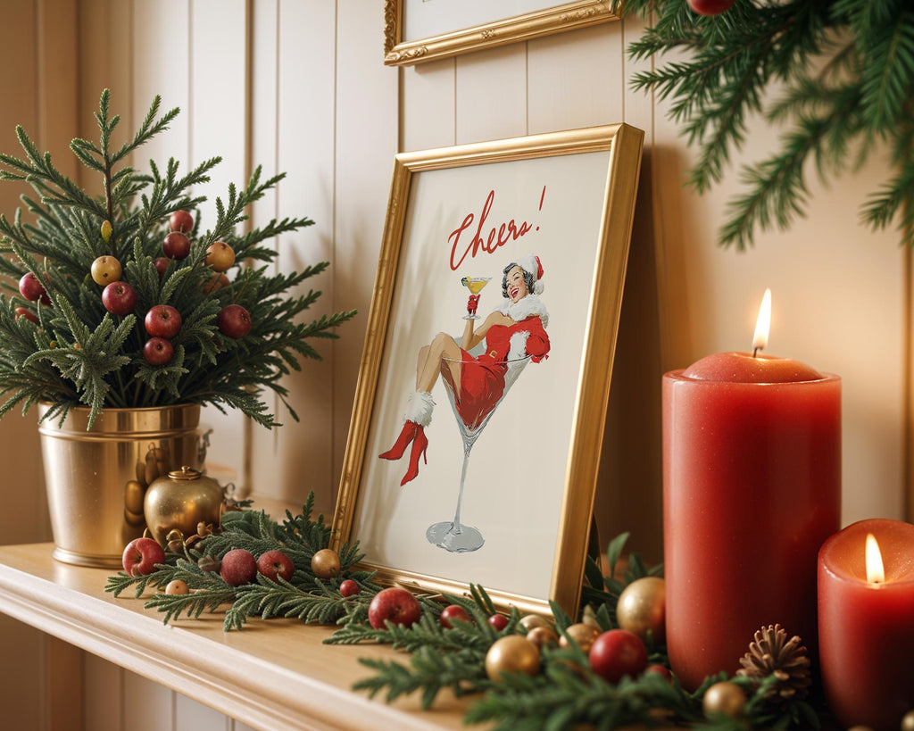Mrs Santa Cheers Poster, Retro Christmas Wall Art, Funny Vintage Holiday Print, Martini Girl Bar Cart Decor DIGITAL DOWNLOAD