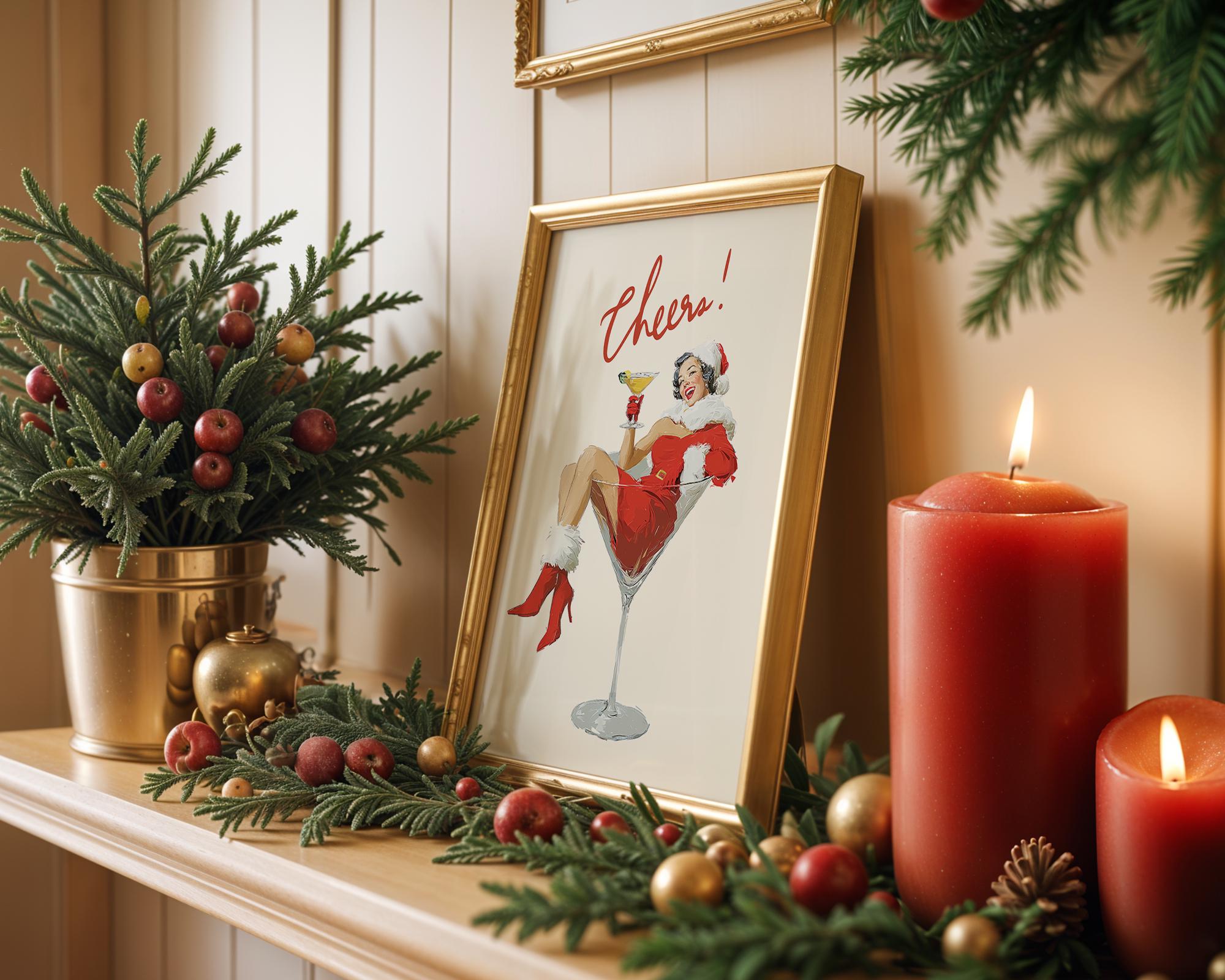 Mrs Santa Cheers Poster, Retro Christmas Wall Art, Funny Vintage Holiday Print, Martini Girl Bar Cart Decor DIGITAL DOWNLOAD