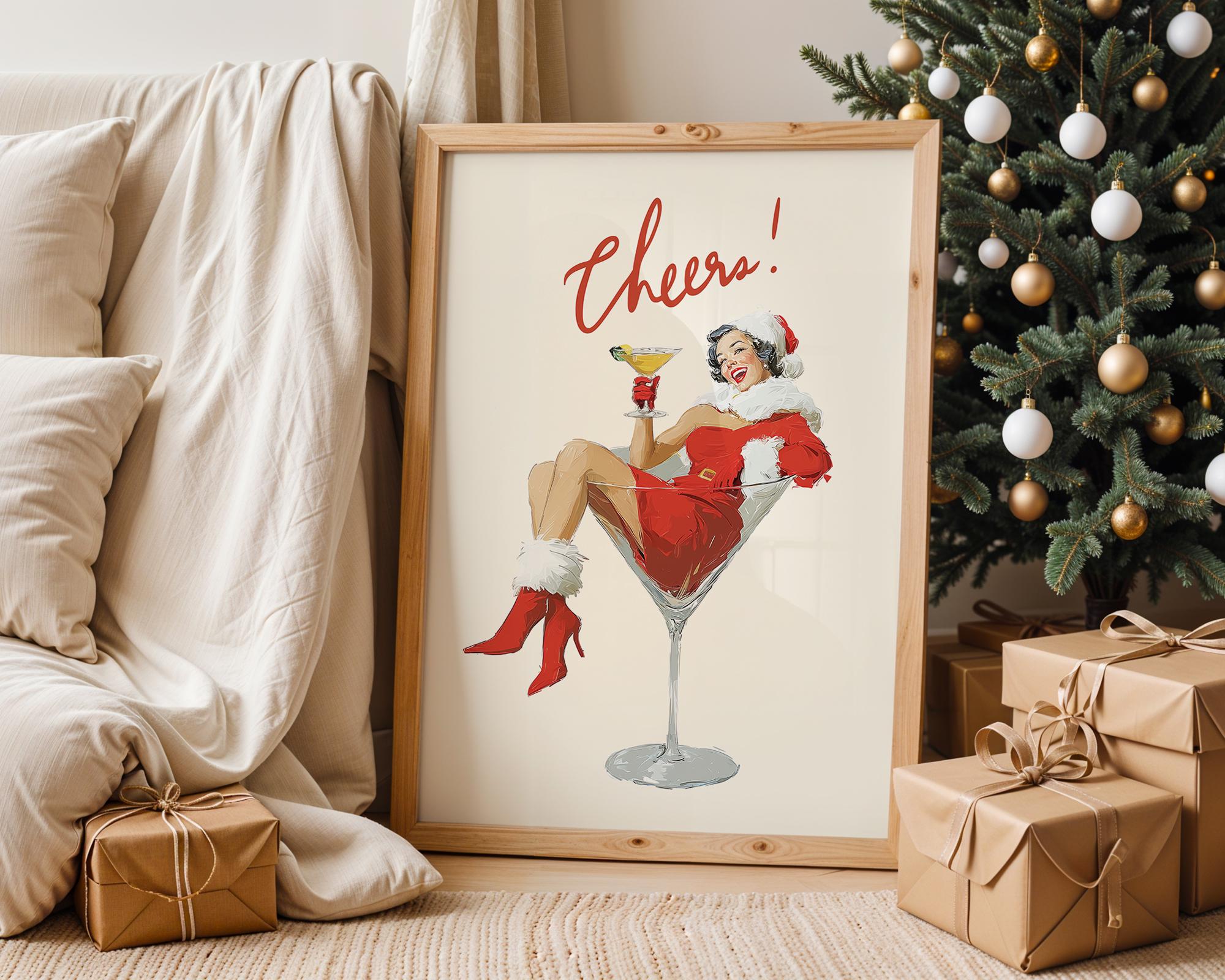 Mrs Santa Cheers Poster, Retro Christmas Wall Art, Funny Vintage Holiday Print, Martini Girl Bar Cart Decor DIGITAL DOWNLOAD