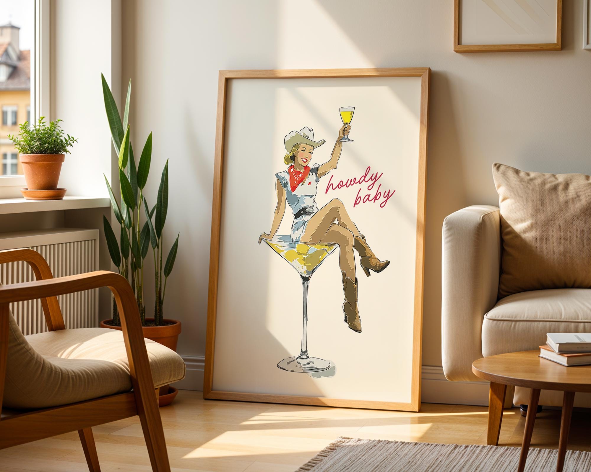 Howdy Baby Western Cowgirl Print, Retro Cocktail Art, Vintage Pin Up Wall Art, Western Bar Poster, Country Cowgirl Decor, Midcentury Kitchen