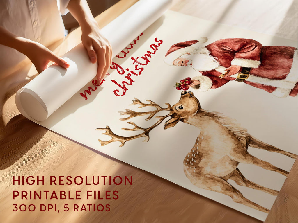 Vintage Christmas Wall Art, Santa Claus Reindeer Print Retro Holiday Poster Merry Little Christmas Decoration Festive Home Gift DIGITAL