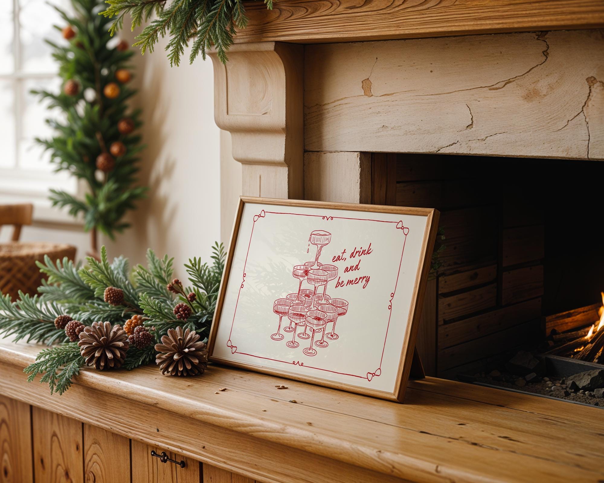 Eat Drink and Be Merry Horizontal Print, Champagne Tower Poster, Christmas Bar Cart Decor, Holiday Wall Art, Festive Kitchen Gift DIGITAL