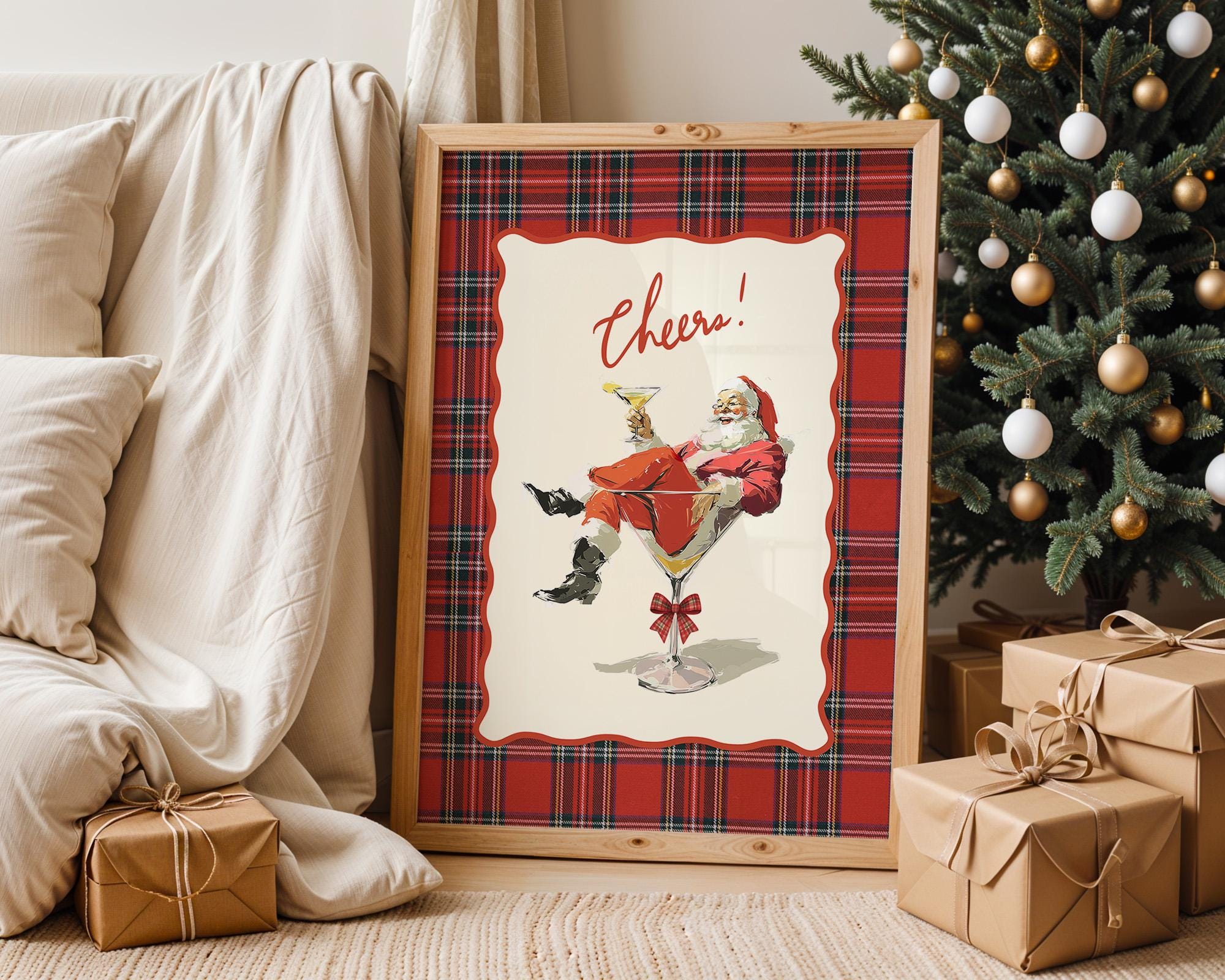 Cheers Santa Christmas Bar Cart Print, Vintage Plaid Cocktail Art, Retro Holiday Decor, Funny Martini Santa Poster Gift, DIGITAL DOWNLOAD