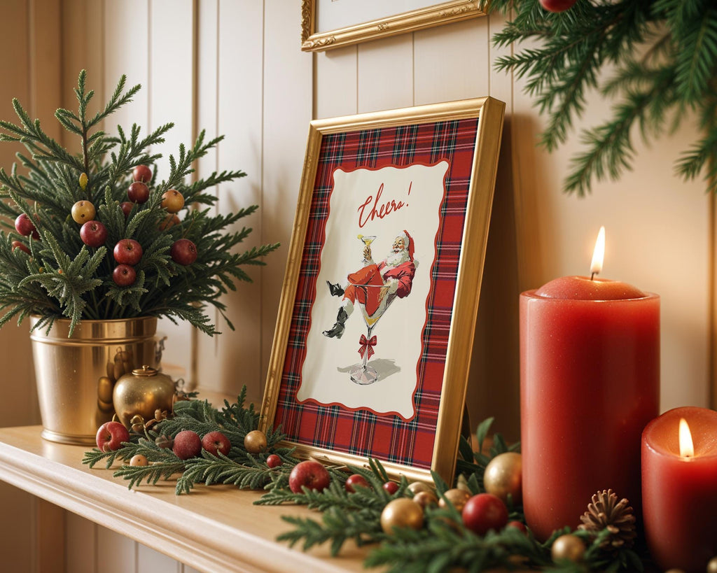 Cheers Santa Christmas Bar Cart Print, Vintage Plaid Cocktail Art, Retro Holiday Decor, Funny Martini Santa Poster Gift, DIGITAL DOWNLOAD
