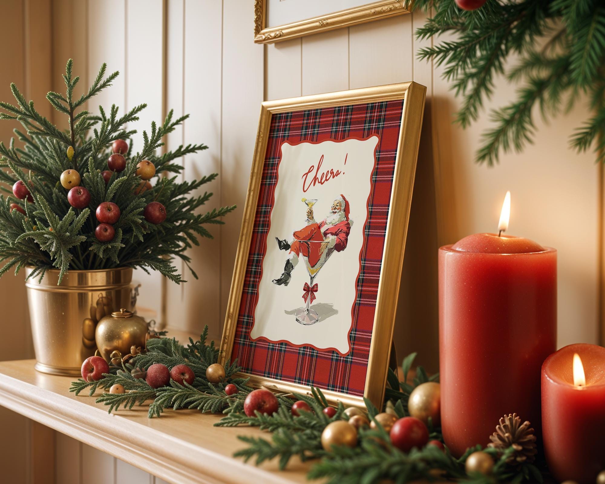 Cheers Santa Christmas Bar Cart Print, Vintage Plaid Cocktail Art, Retro Holiday Decor, Funny Martini Santa Poster Gift, DIGITAL DOWNLOAD