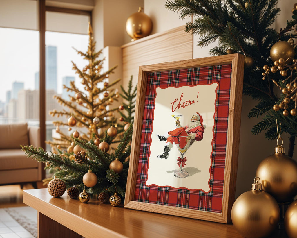 Cheers Santa Christmas Bar Cart Print, Vintage Plaid Cocktail Art, Retro Holiday Decor, Funny Martini Santa Poster Gift, DIGITAL DOWNLOAD