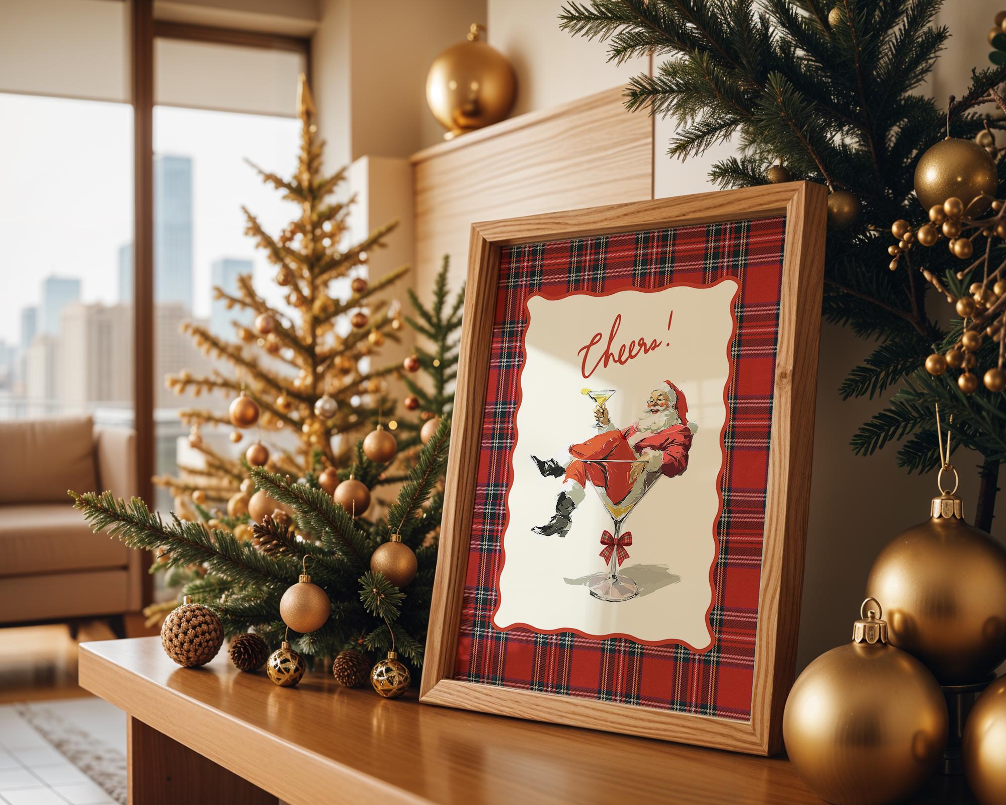 Cheers Santa Christmas Bar Cart Print, Vintage Plaid Cocktail Art, Retro Holiday Decor, Funny Martini Santa Poster Gift, DIGITAL DOWNLOAD