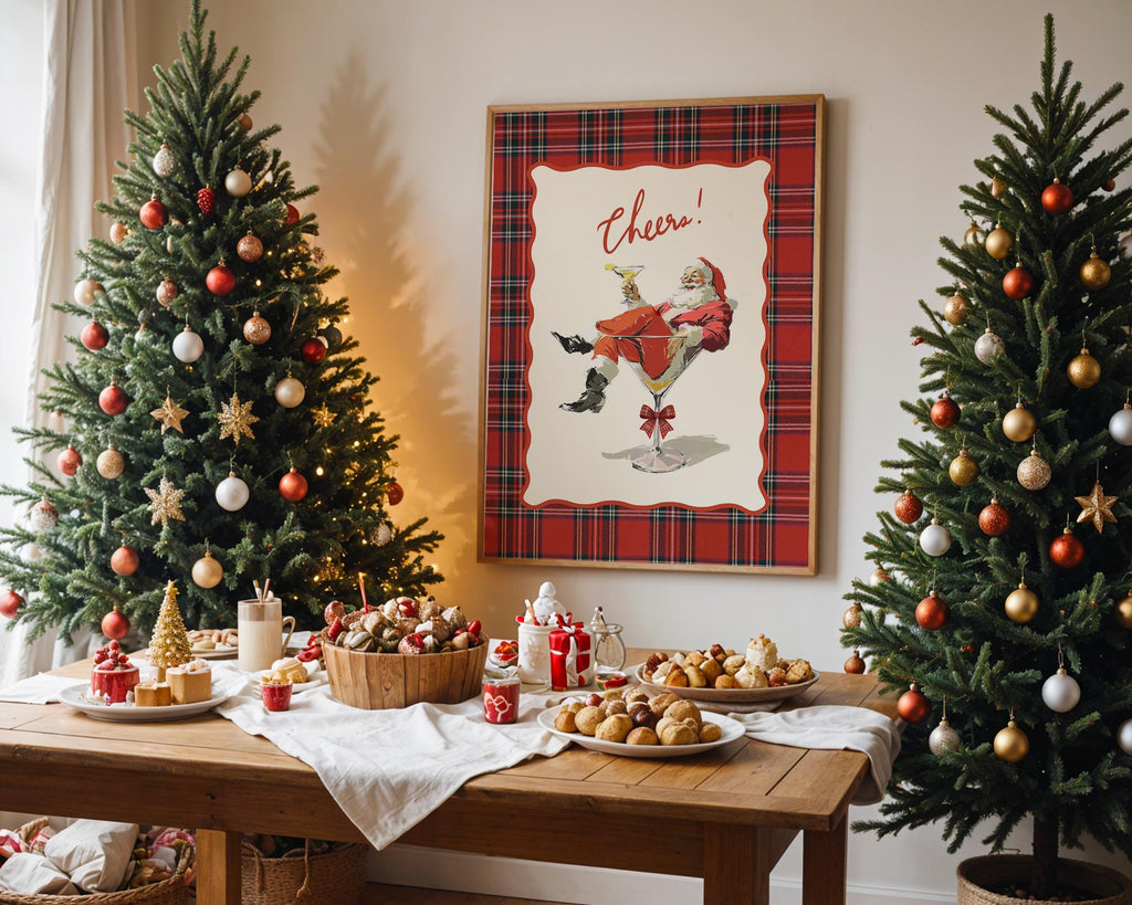 Cheers Santa Christmas Bar Cart Print, Vintage Plaid Cocktail Art, Retro Holiday Decor, Funny Martini Santa Poster Gift, DIGITAL DOWNLOAD