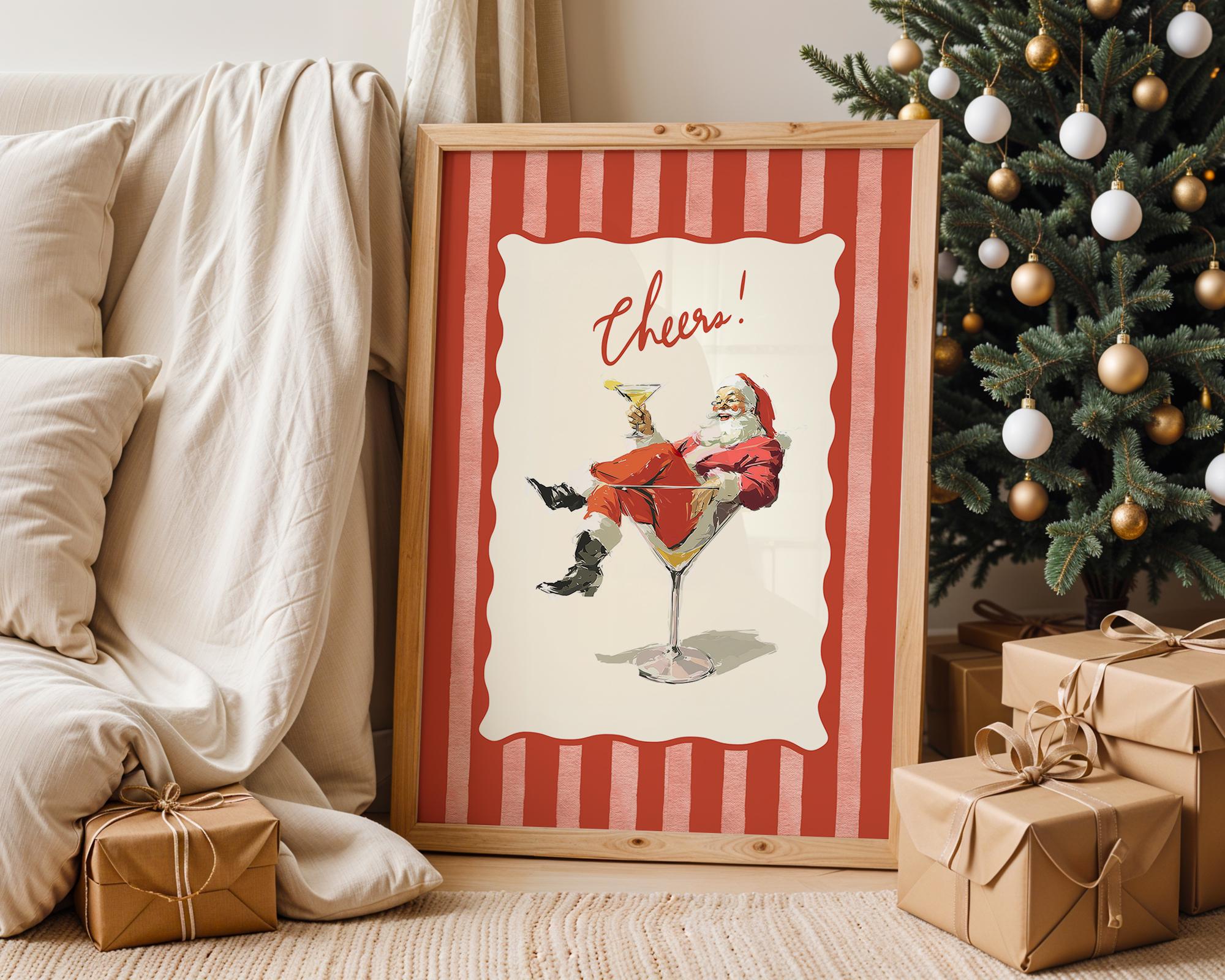 Cheers Santa Claus Poster, Retro Christmas Wall Art, Funny Vintage Holiday Print, Red Stripe Santa Martini Bar Cart Decor DIGITAL DOWNLOAD