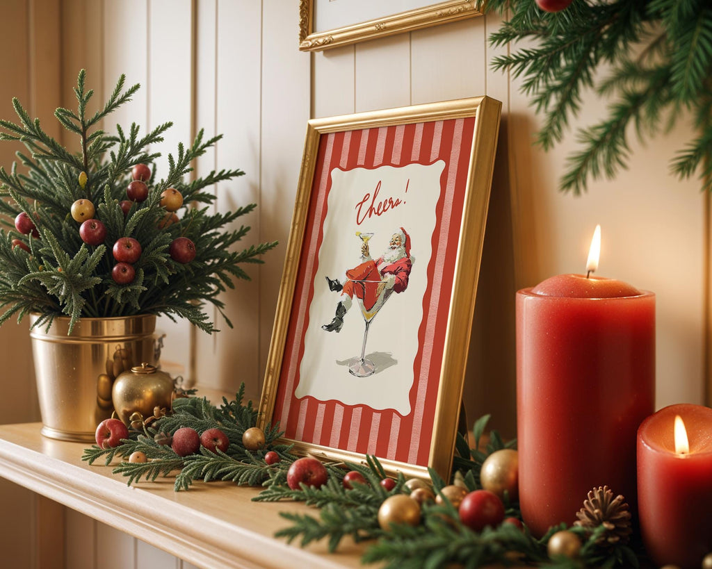 Cheers Santa Claus Poster, Retro Christmas Wall Art, Funny Vintage Holiday Print, Red Stripe Santa Martini Bar Cart Decor DIGITAL DOWNLOAD