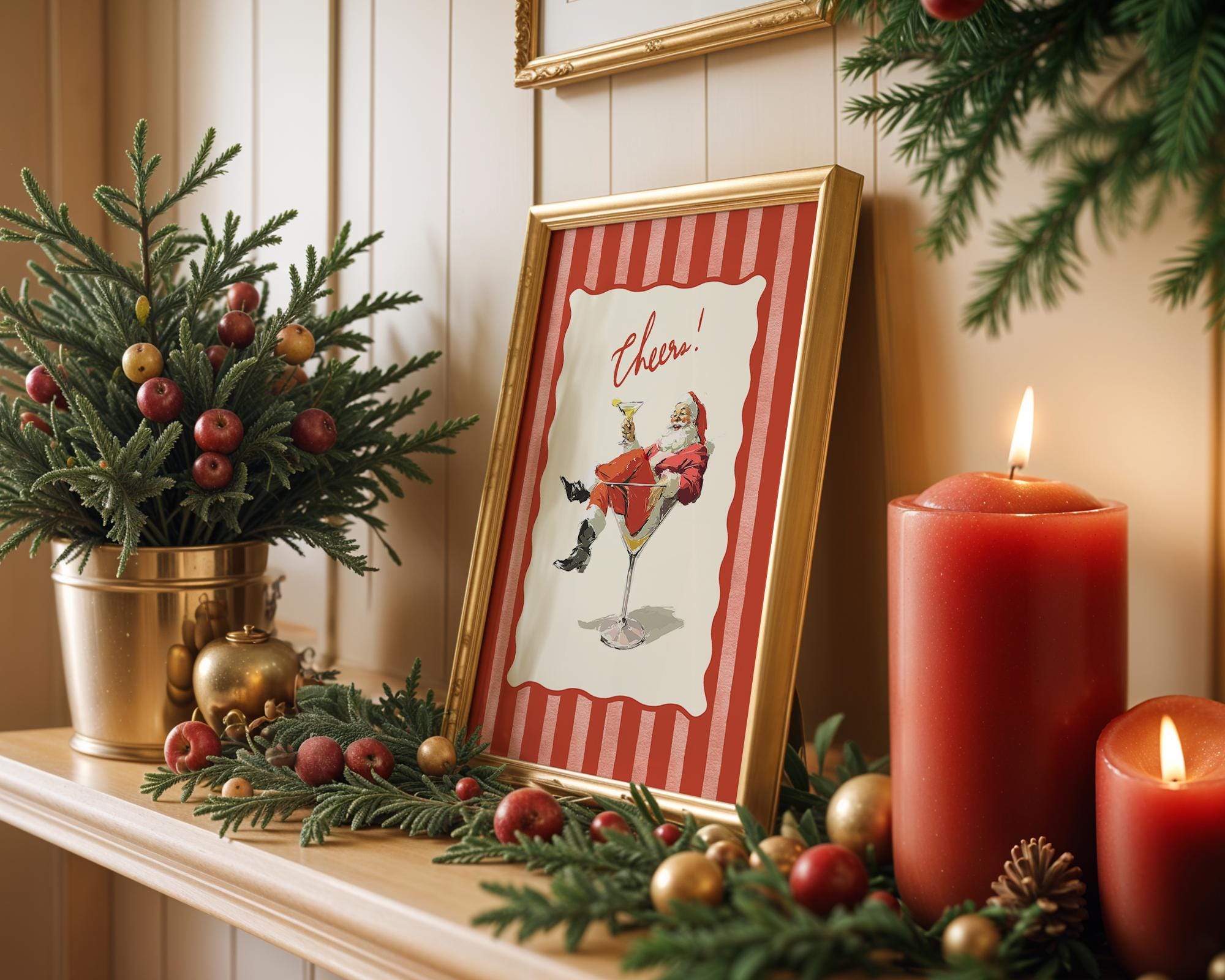 Cheers Santa Claus Poster, Retro Christmas Wall Art, Funny Vintage Holiday Print, Red Stripe Santa Martini Bar Cart Decor DIGITAL DOWNLOAD