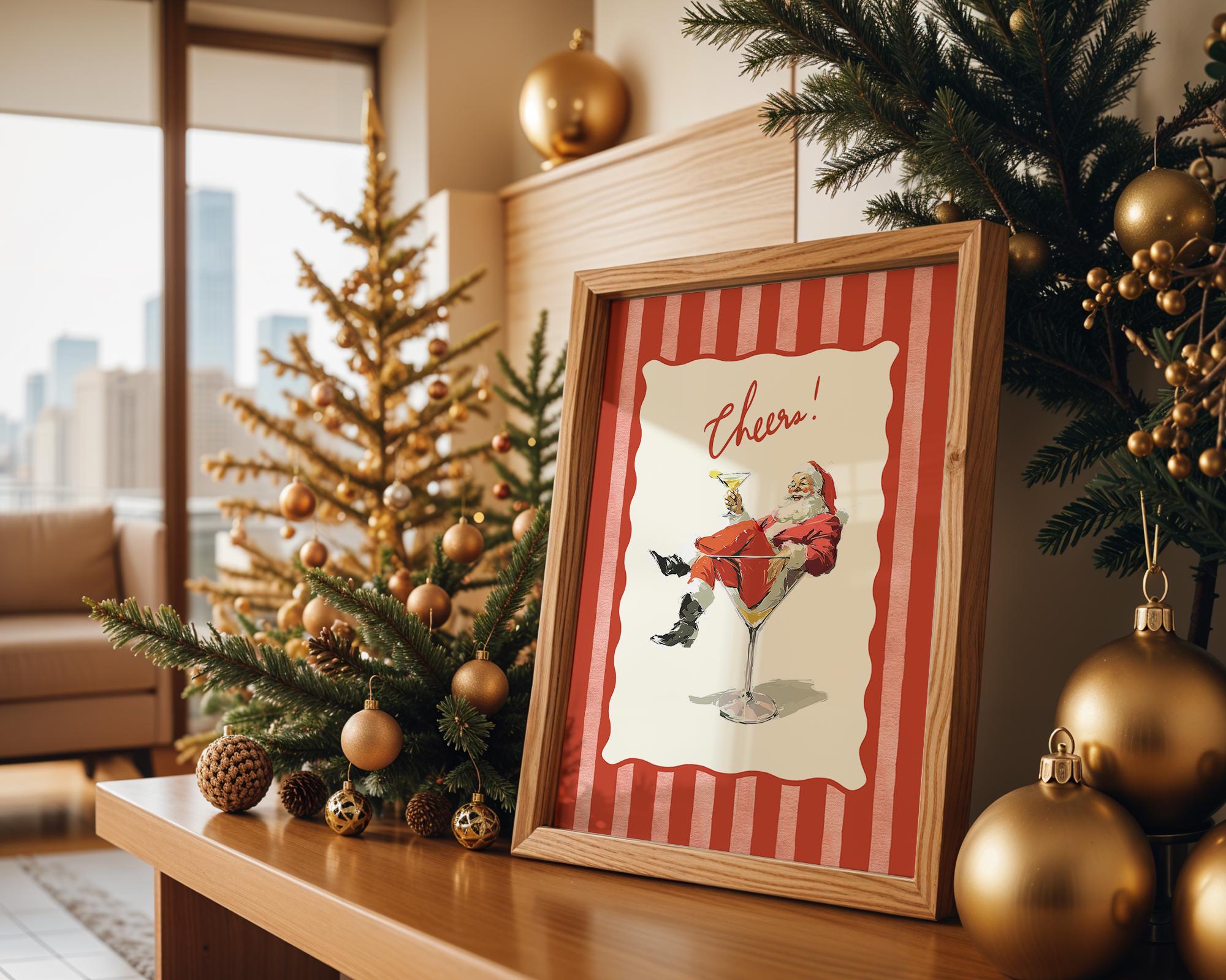 Cheers Santa Claus Poster, Retro Christmas Wall Art, Funny Vintage Holiday Print, Red Stripe Santa Martini Bar Cart Decor DIGITAL DOWNLOAD