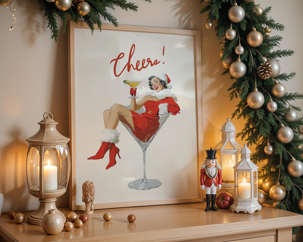 Mrs Santa Cheers Poster, Retro Christmas Wall Art, Funny Vintage Holiday Print, Martini Girl Bar Cart Decor DIGITAL DOWNLOAD