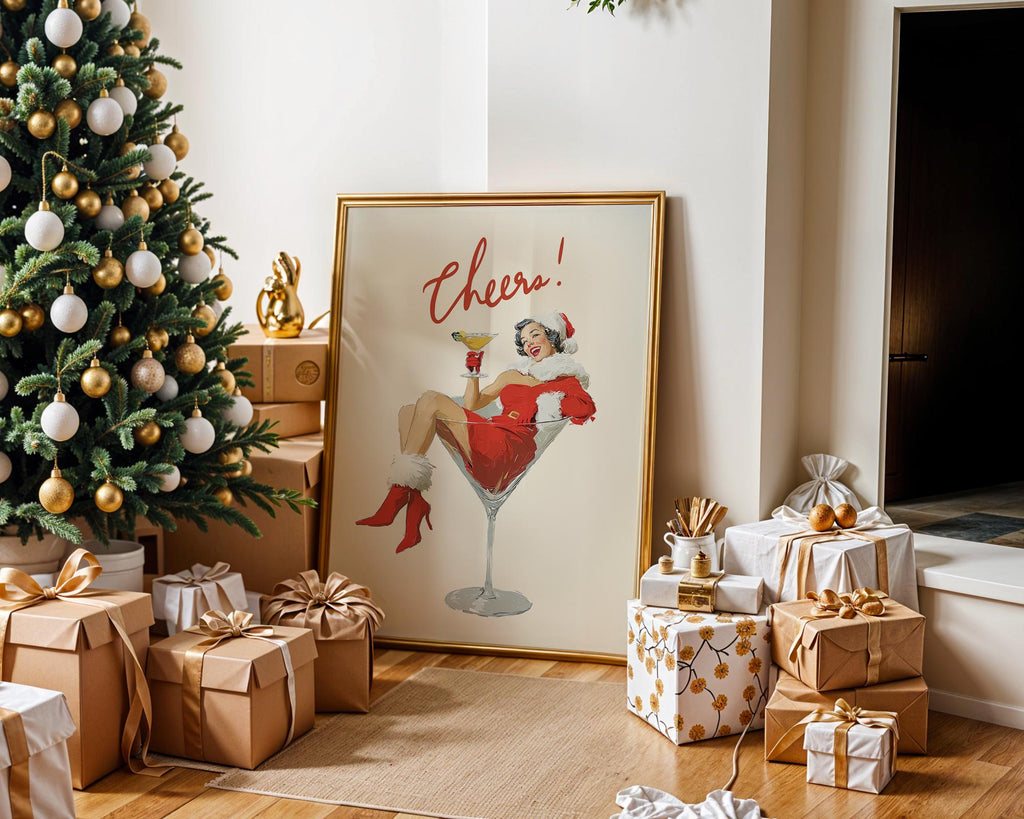 Mrs Santa Cheers Poster, Retro Christmas Wall Art, Funny Vintage Holiday Print, Martini Girl Bar Cart Decor DIGITAL DOWNLOAD