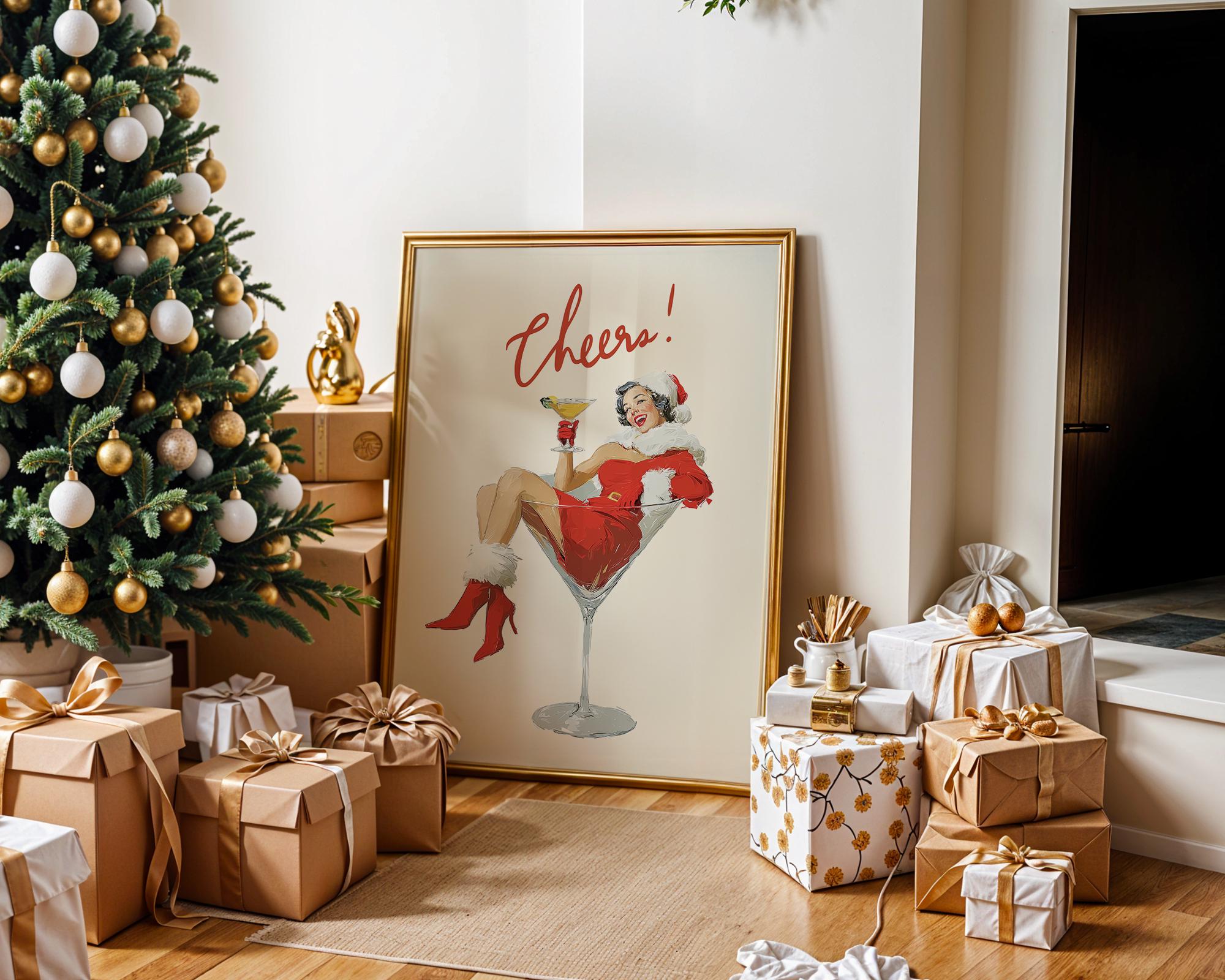Mrs Santa Cheers Poster, Retro Christmas Wall Art, Funny Vintage Holiday Print, Martini Girl Bar Cart Decor DIGITAL DOWNLOAD