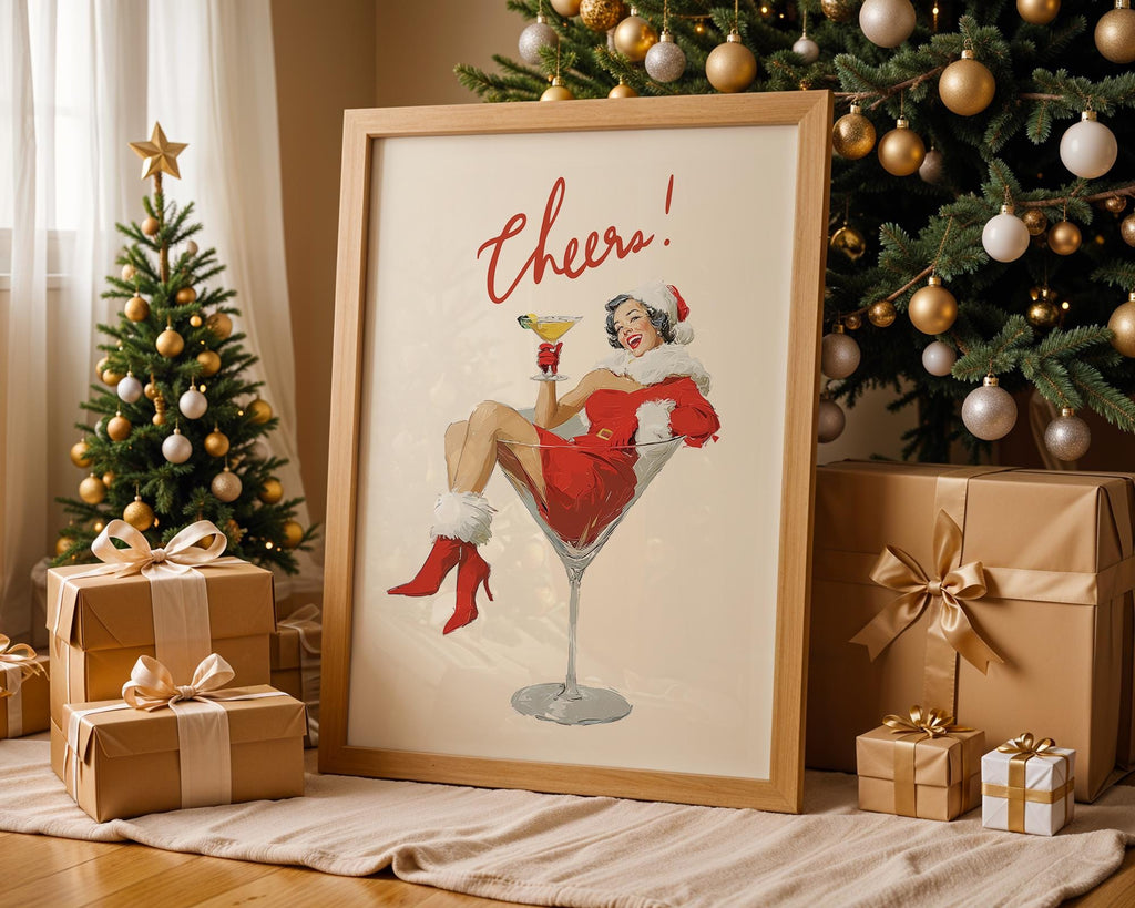 Mrs Santa Cheers Poster, Retro Christmas Wall Art, Funny Vintage Holiday Print, Martini Girl Bar Cart Decor DIGITAL DOWNLOAD