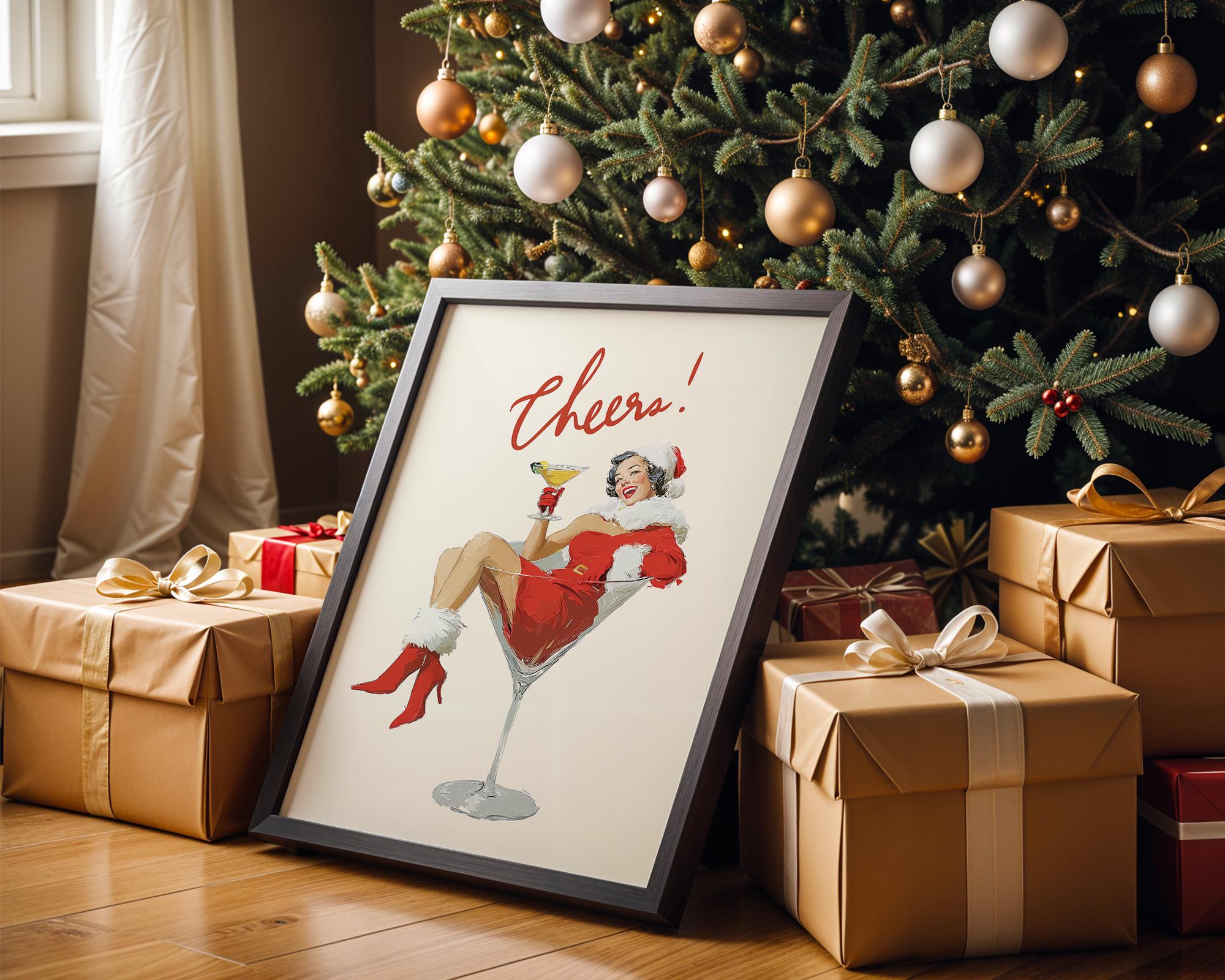 Mrs Santa Cheers Poster, Retro Christmas Wall Art, Funny Vintage Holiday Print, Martini Girl Bar Cart Decor DIGITAL DOWNLOAD