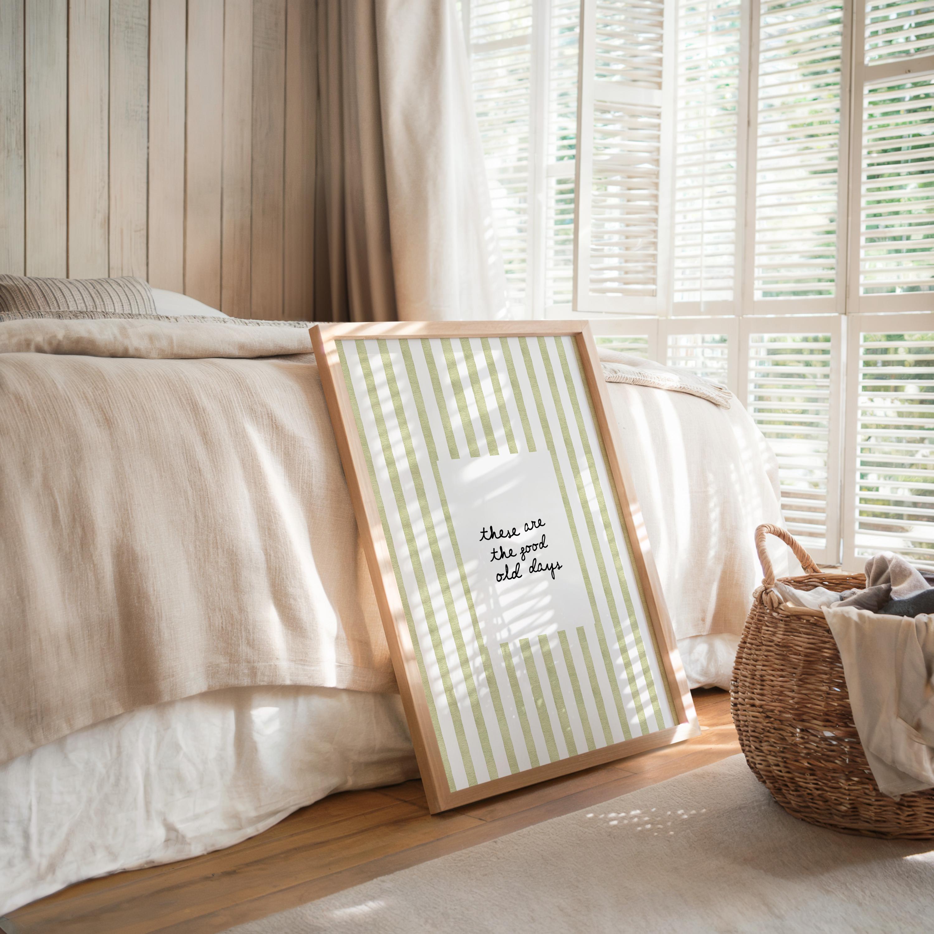 These Are The Good Old Days Print, Minimal Handwritten Quote Art, Green Stripe Aesthetic Poster, Scandinavian Wall Decor Digital Download