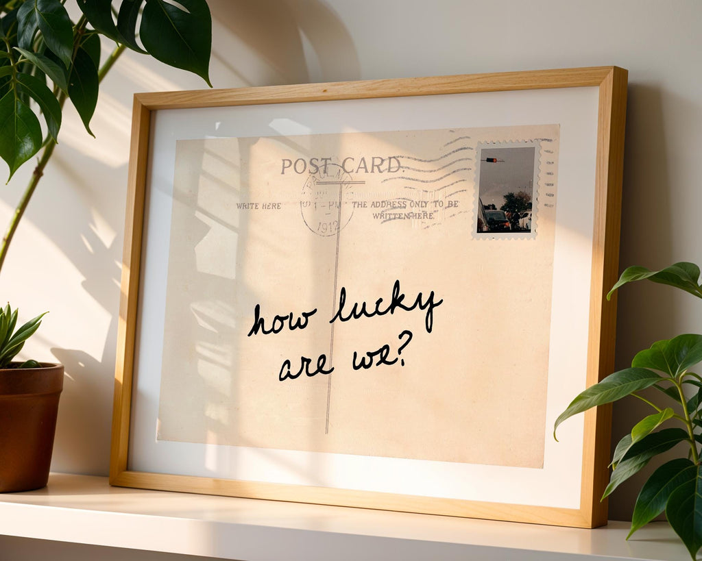 How Lucky Are We Postcard Print, Vintage Quote Art, Retro Printable Wall Decor, Handwritten Typography Poster, Neutral Home Decor