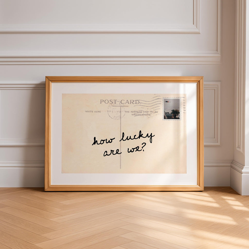 How Lucky Are We Postcard Print, Vintage Quote Art, Retro Printable Wall Decor, Handwritten Typography Poster, Neutral Home Decor