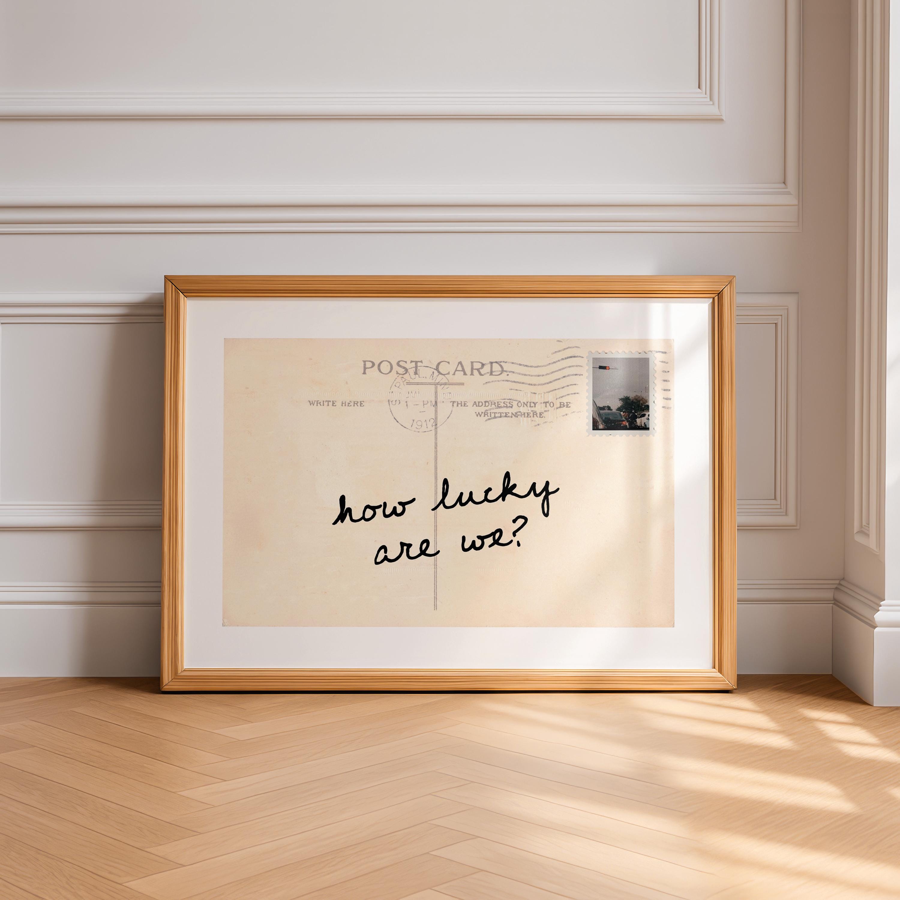 How Lucky Are We Postcard Print, Vintage Quote Art, Retro Printable Wall Decor, Handwritten Typography Poster, Neutral Home Decor