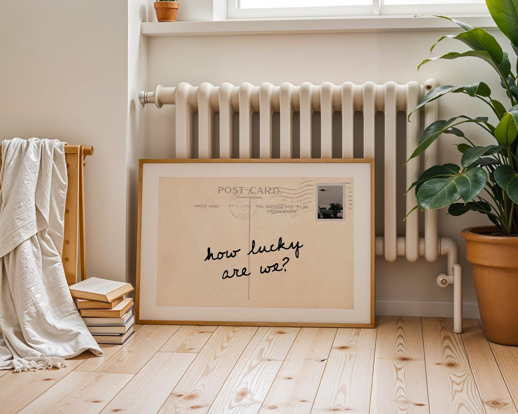How Lucky Are We Postcard Print, Vintage Quote Art, Retro Printable Wall Decor, Handwritten Typography Poster, Neutral Home Decor