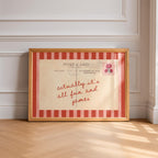Actually It’s All Fun and Games Print, Vintage Postcard Wall Art, Retro Quote Printable, Red Stripe Typography Decor, Playful Home Poster