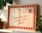 Actually It’s All Fun and Games Print, Vintage Postcard Wall Art, Retro Quote Printable, Red Stripe Typography Decor, Playful Home Poster