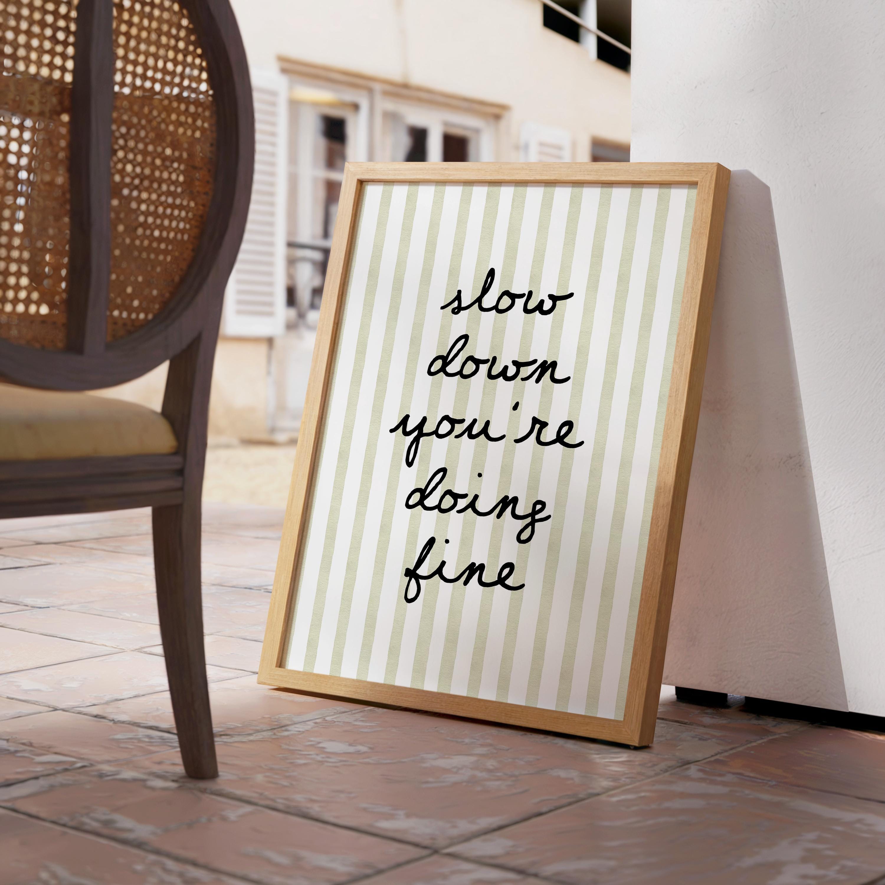 Slow Down You’re Doing Fine Print, Green Stripe Typography Poster, Minimal Quote Wall Art, Aesthetic Printable, Modern Neutral Home Art
