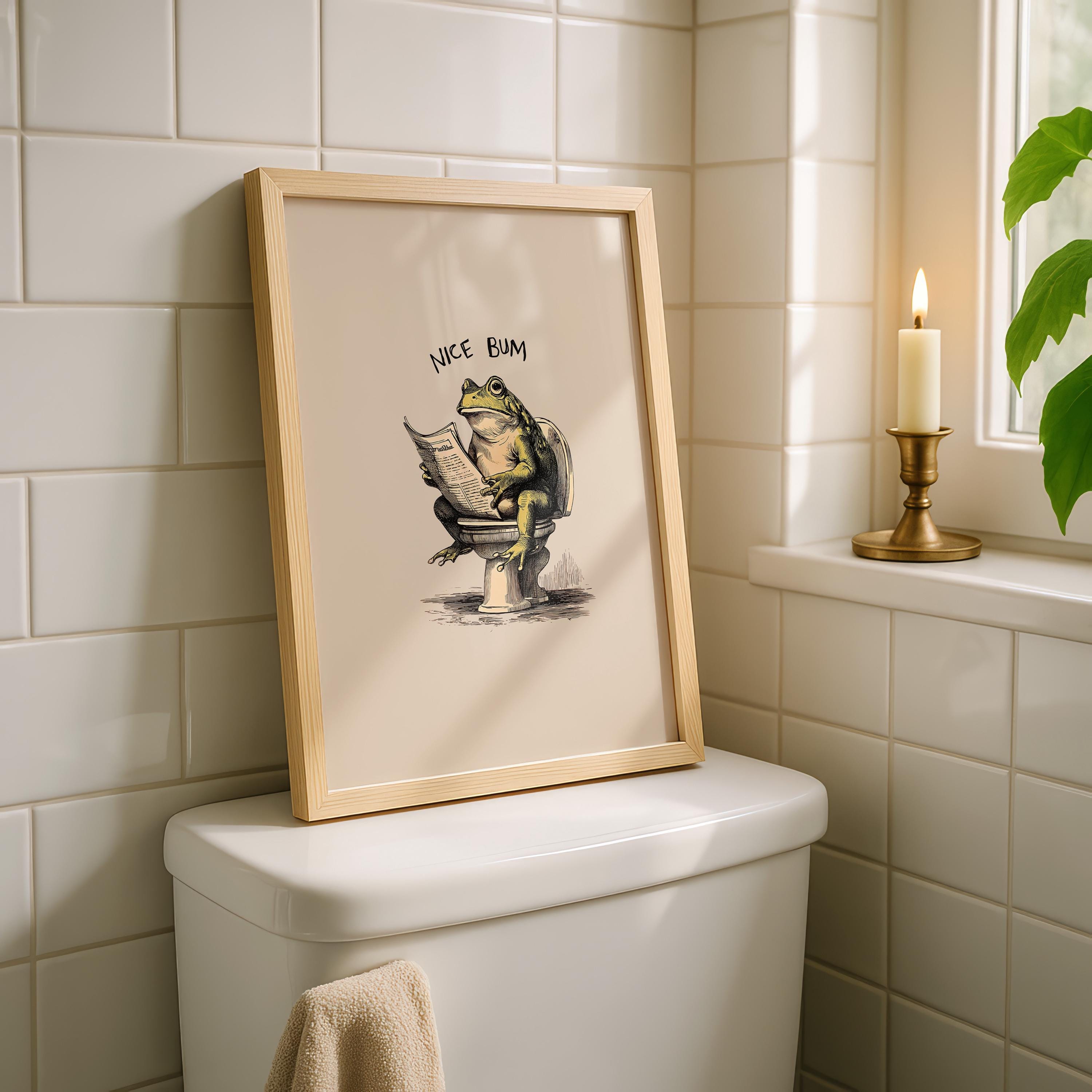 Funny Nice Bum Frog Poster, Bathroom Humor Wall Art, Quirky Animal Toilet Print, Vintage Style Funny Decor, Playful Restroom Printable Art