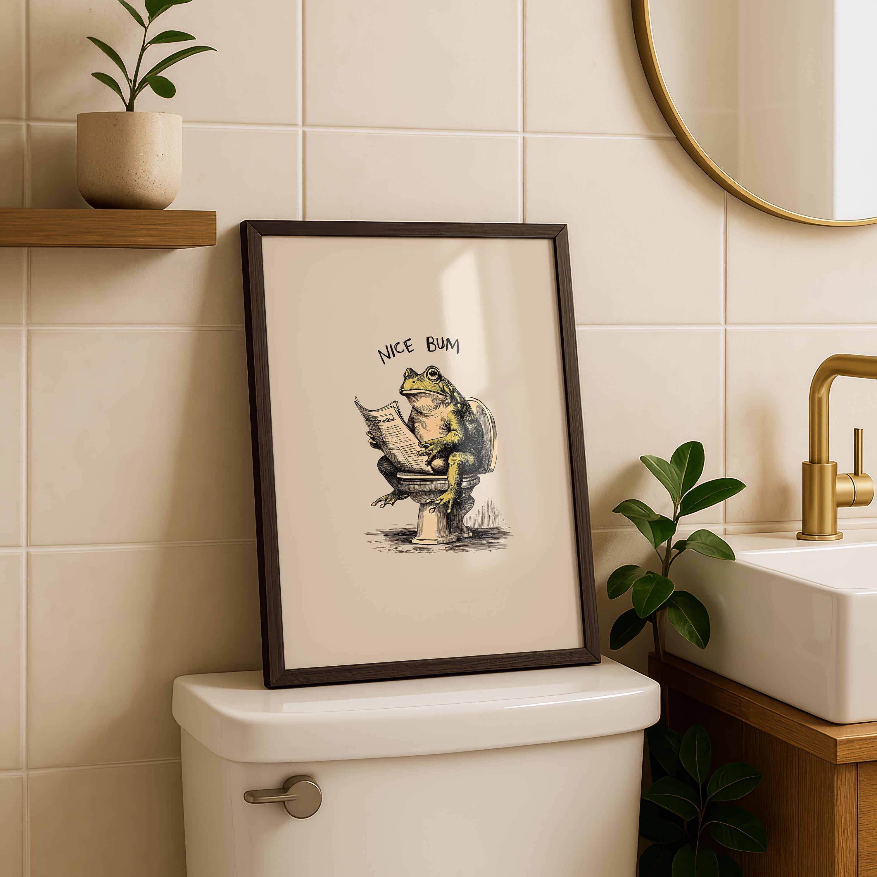 Funny Nice Bum Frog Poster, Bathroom Humor Wall Art, Quirky Animal Toilet Print, Vintage Style Funny Decor, Playful Restroom Printable Art