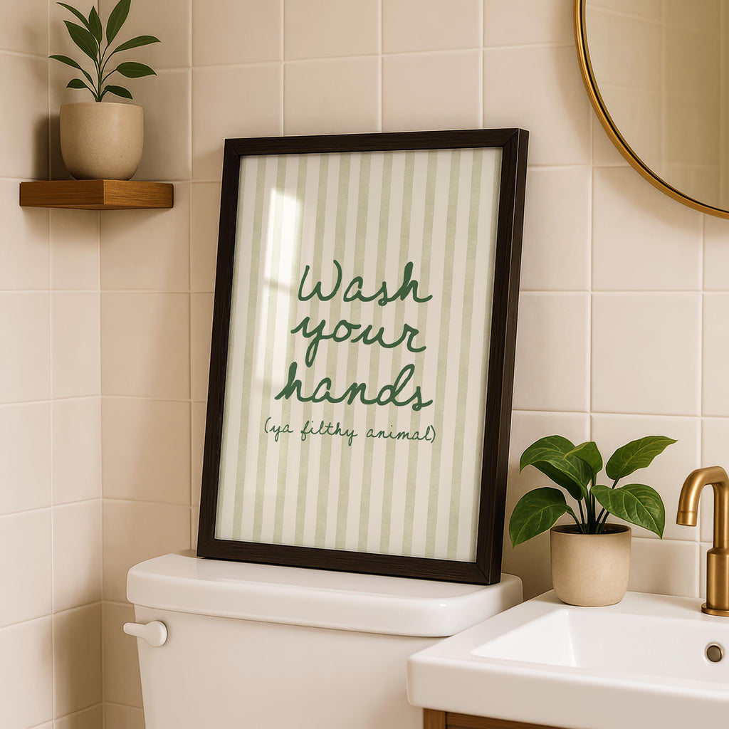 Wash Your Hands Ya Filthy Animal Print, Funny Bathroom Sign, Green Stripe Typography Poster, Humorous Restroom Wall Art, Modern Decor