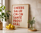 Cheers Salud Cin Cin Wall Art Printable, Bar Kitchen Decor, Cocktail Typography Print, Scandinavian Text Poster, Minimal Neutral Art DIGITAL